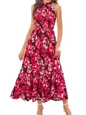 Womens 2025 Summer Vacation Outfits Halter Neck Floral Tiered Ruffled Flowy Casual Beach Boho Long Maxi Dress