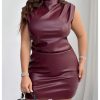 Women's Plus Size PU Leather Sleeveless Mini Dress Ruched Mock Neck Bodycon Dresses