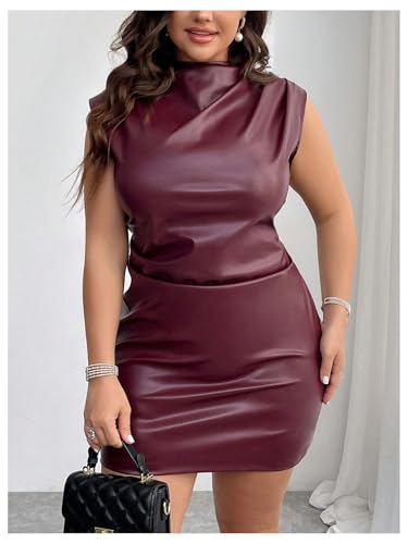 Women's Plus Size PU Leather Sleeveless Mini Dress Ruched Mock Neck Bodycon Dresses