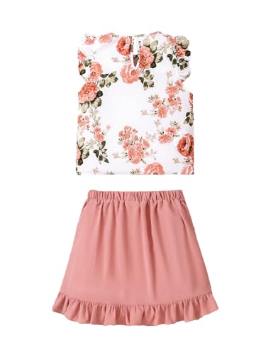 Girl's 2 Piece Floral Print Tank & Skirt Set Ruffle Sleeve Tanks and Wrap Front Skirts Summer Outfits