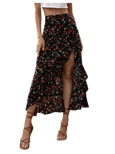 Women's Boho Floral Print Ruffle Maxi Skirt High Waisted Split Long Skirts