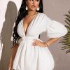Women's Deep V Neck Puff Sleeve High Rise Flare Dress Elastic Waist Dress