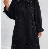 Women's Plus Size Pearl Beaded Tie Neck Long Sleeve Casual Work Short Dress
