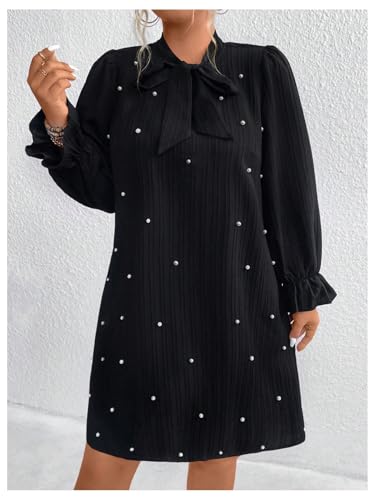 Women's Plus Size Pearl Beaded Tie Neck Long Sleeve Casual Work Short Dress