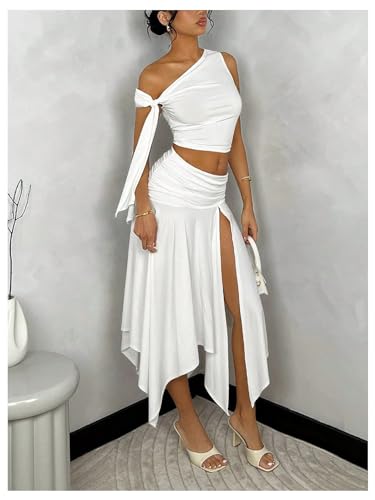 Women's 2 Piece Outfits Asymmetrical Neck Sleeveless Top and Split Thigh Ruffle Midi Skirt Set