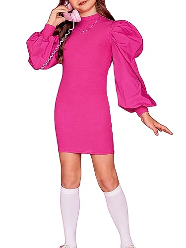 Girl's Knitted Mock Neck Bodycon Mini Dress Lantern Sleeve Short Pencil Dress