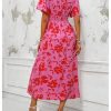 Women's Floral Print V Neck Ruffle Short Sleeve Dress Split A Line Long Dresses