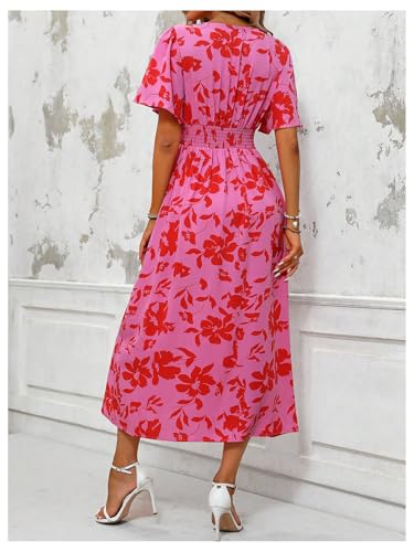 Women's Floral Print V Neck Ruffle Short Sleeve Dress Split A Line Long Dresses