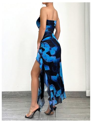 Women's Butterfly Print Asymmetrical Bodycon Maxi Dress Split Ruffle Trim Strapless Tube Dresses