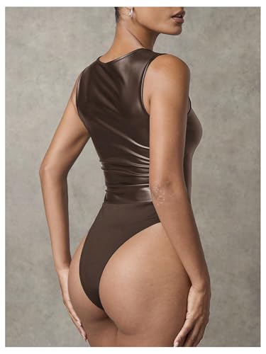 Women's PU Leather Bodysuit Tank Tops Square Neck Sleeveless Slim Fit Leotard Top