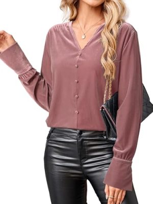 Women's Velvet Smocked Dressy Casual Fall Outfits Long Sleeve Button Down Shirts Business Work Tops Trendy