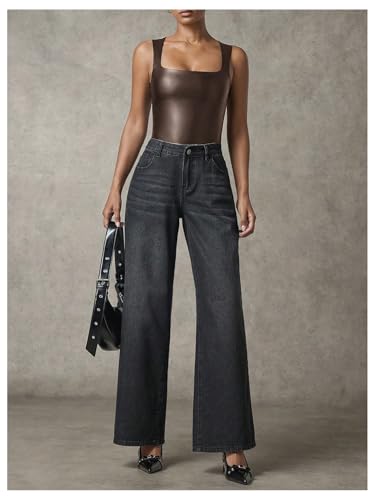 Women's PU Leather Bodysuit Tank Tops Square Neck Sleeveless Slim Fit Leotard Top