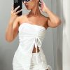 Women's 2 Piece Outfits Strapless Drawstring Front Ruched Crop Tube Top and Bodycon Skirt Set