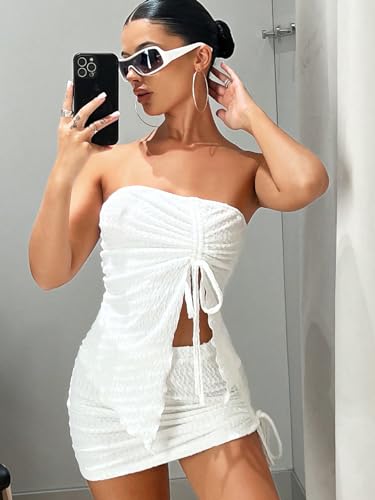 Women's 2 Piece Outfits Strapless Drawstring Front Ruched Crop Tube Top and Bodycon Skirt Set