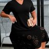 Women's Plus Size V Neck Scallop Trim Cut Out Short Sleeve A Line Swing Midi Dress