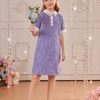 Girl's Pearls Trim Tweed Contrast Collar Button Front Short Sleeve Casual Dress