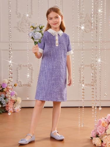 Girl's Pearls Trim Tweed Contrast Collar Button Front Short Sleeve Casual Dress