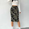 Women's Camo Print High Waist Skinny Midi Skirts Split Side Drawstring Waist Hip Skirt