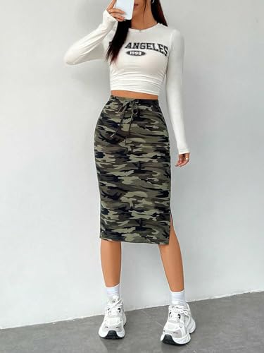 Women's Camo Print High Waist Skinny Midi Skirts Split Side Drawstring Waist Hip Skirt