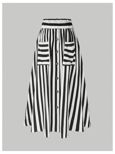 Women's Plus Size Striped High Waist Button Decor Flare A Line Maxi Skirt with Pockets