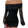 Women's Lace Off Shoulder Bodycon Mini Dress Ruched Long Bell Sleeve Dresses