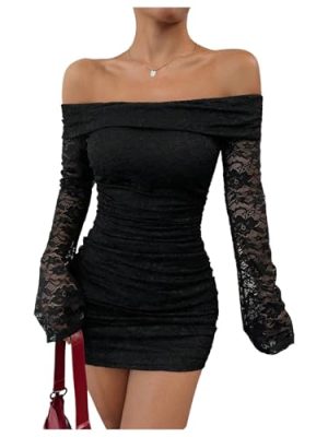 Women's Lace Off Shoulder Bodycon Mini Dress Ruched Long Bell Sleeve Dresses
