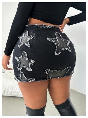 Women's Plus Size Y2k Star Patch High Waist Denim Skirt Distressed Bodycon Mini Skirts