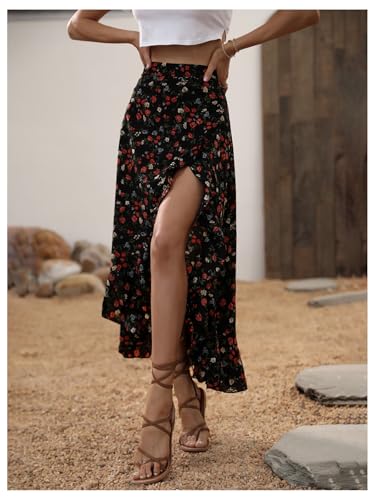 Women's Boho Floral Print Ruffle Maxi Skirt High Waisted Split Long Skirts