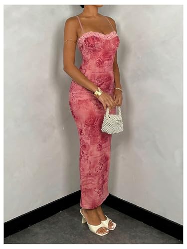 Women's Floral Print Sleeveless Bodycon Dress Lace Up Split Back Long Cami Dress