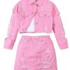 Girl's 2 Piece Outfits Ripped Button Down Jacket Elastic Waist Denim Skirt Set