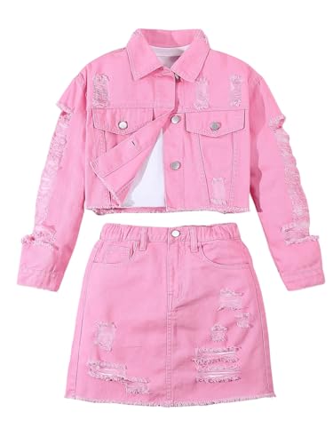 Girl's 2 Piece Outfits Ripped Button Down Jacket Elastic Waist Denim Skirt Set