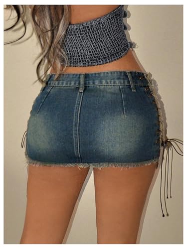 Women's Lace Up Side Bodycon Denim Mini Skirt Y2k Low Rise Frayed Hem Jean Skirts