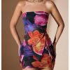 Women's 2 Piece Outfits Floral Print Drawstring Asymmetrical Tube Top and Bodycon Mini Skirt Set