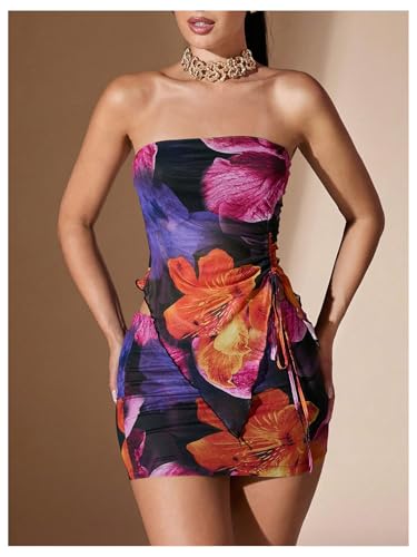 Women's 2 Piece Outfits Floral Print Drawstring Asymmetrical Tube Top and Bodycon Mini Skirt Set