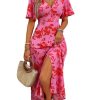 Women's Floral Print V Neck Ruffle Short Sleeve Dress Split A Line Long Dresses