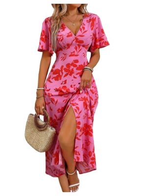 Women's Floral Print V Neck Ruffle Short Sleeve Dress Split A Line Long Dresses
