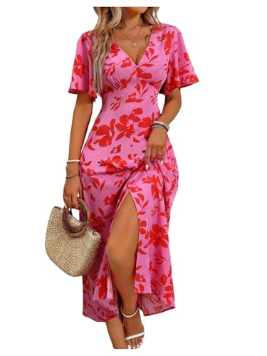 Women's Floral Print V Neck Ruffle Short Sleeve Dress Split A Line Long Dresses