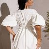 Women's Deep V Neck Puff Sleeve High Rise Flare Dress Elastic Waist Dress