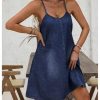 Women's Sleeveless Denim Cami Dress Scoop Neck Mini Dresses with Slant Pockets