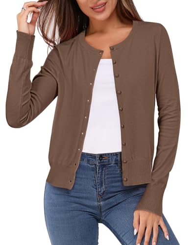 Women's Lightweight Button Down Cardigan Long Sleeve Casual Crew Neck Soft Knit Cardigans Sweater Tops