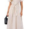 Womens Wear to Work Teacher Business Casual Outfits Long Dresses Tie Waist Shirt Dress Attire with Pockets