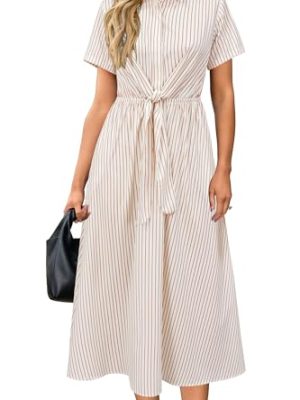 Womens Wear to Work Teacher Business Casual Outfits Long Dresses Tie Waist Shirt Dress Attire with Pockets