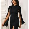 Women's Mock Neck Pleated Cloak Long Sleeve Split Hem Cocktail Bodycon Cape Dress