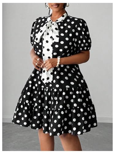 Women's Plus Size Polka Dots Bow Tie Short Dress Puff Sleeve Ruffle A Line Dresses