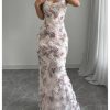 Women's Floral Mesh Bodycon Maxi Dress Frill Trim Sleeveless Fishtail Cami Dresses
