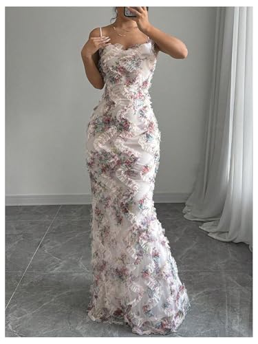 Women's Floral Mesh Bodycon Maxi Dress Frill Trim Sleeveless Fishtail Cami Dresses