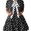 Women's Plus Size Polka Dots Bow Tie Short Dress Puff Sleeve Ruffle A Line Dresses