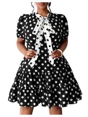 Women's Plus Size Polka Dots Bow Tie Short Dress Puff Sleeve Ruffle A Line Dresses