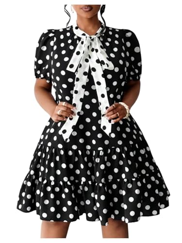 Women's Plus Size Polka Dots Bow Tie Short Dress Puff Sleeve Ruffle A Line Dresses