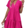 Women's Roll Up Short Sleeve V Neck Ruffle Hem Solid Swing Smock Dress